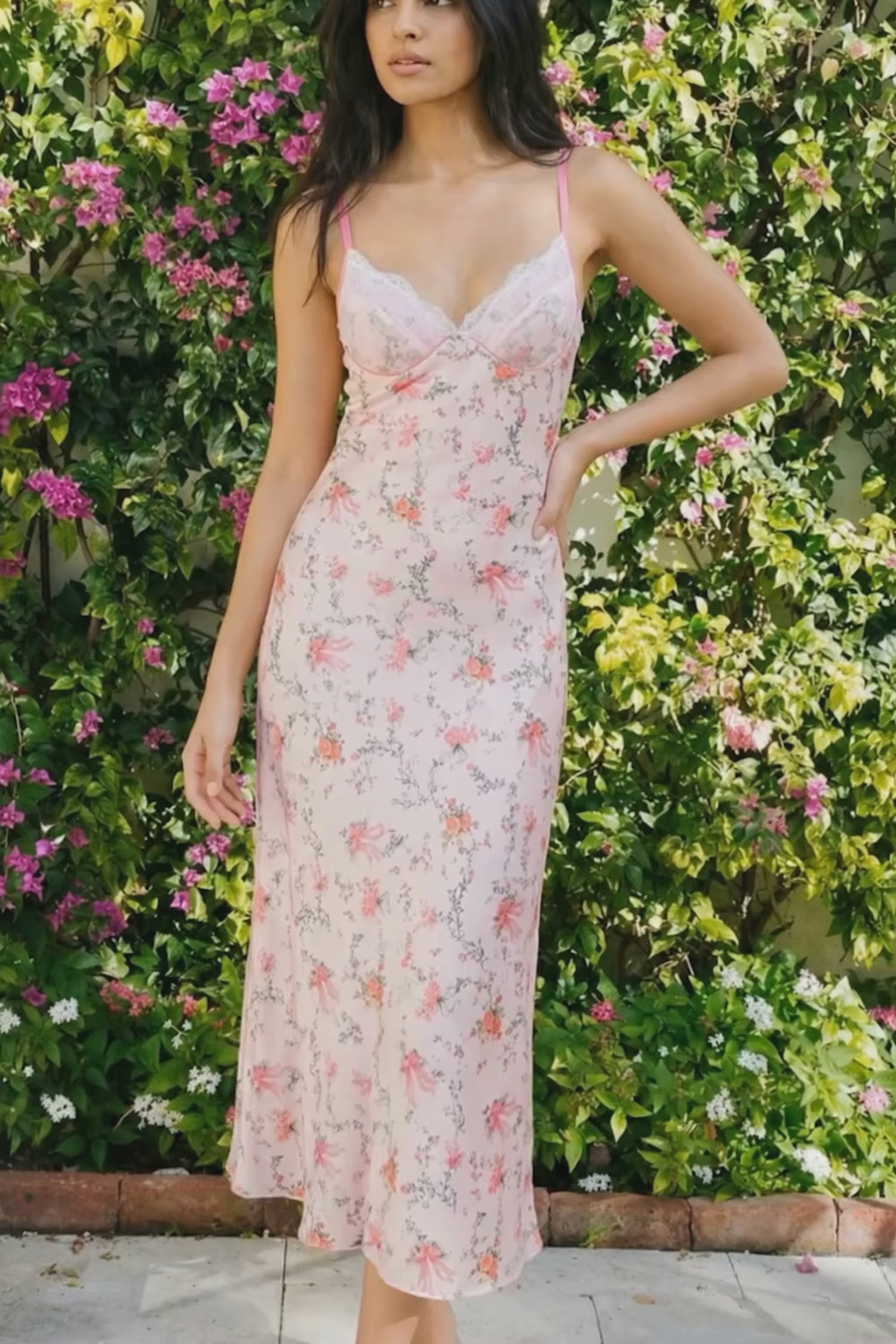 Pretty Pixie blush floral bow print lace bustier slip maxi dress