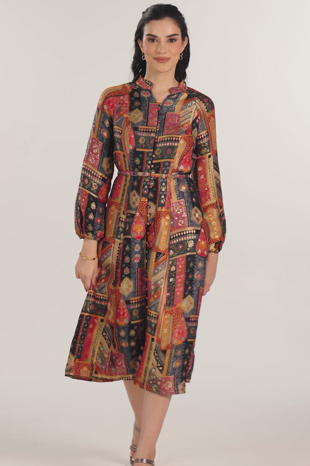 Ember Black Jacquard Belted Midi Dress