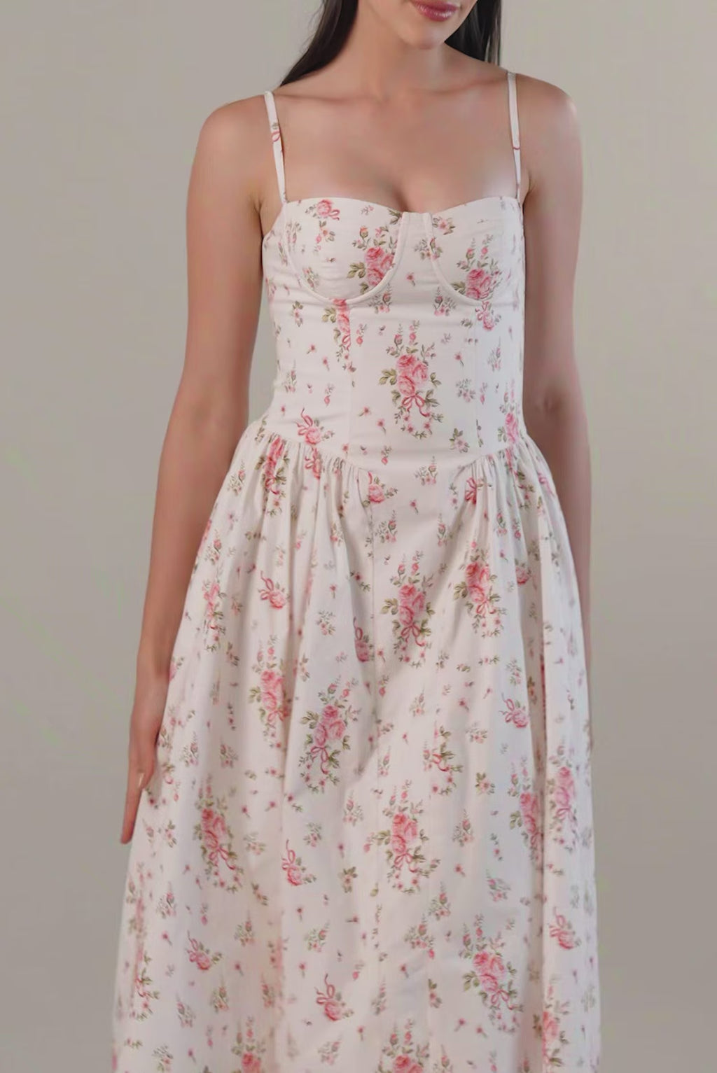 Ivory midi dress with pink floral print, front view, flared skirt.