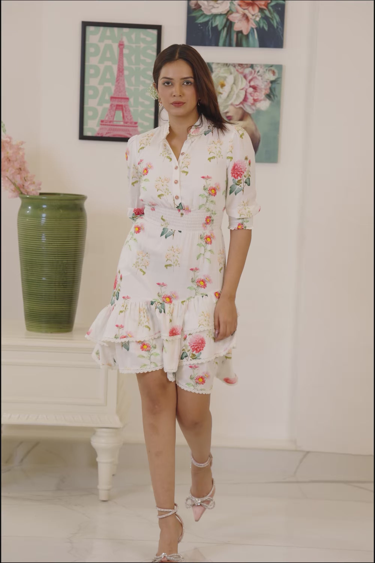 White floral ruffle mini dress with half sleeves and floral prints