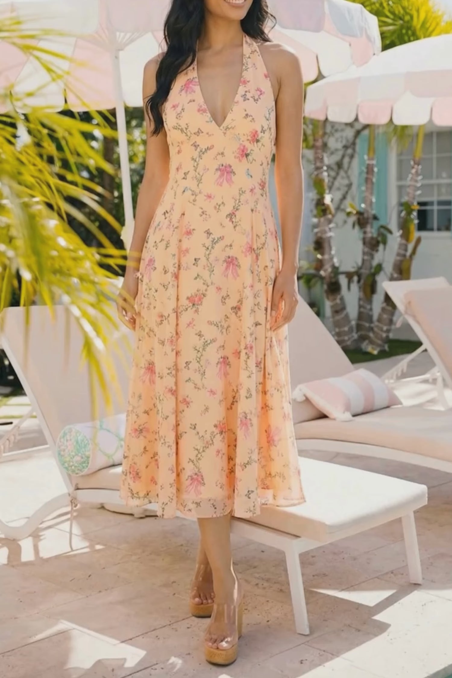 Pretty Pixie peach floral bow print halter v-neck midi dress