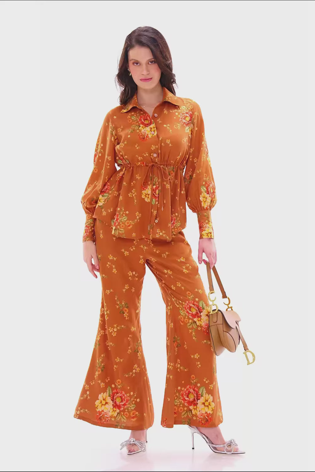 Rust floral shirt co-ord set front view with long sleeves