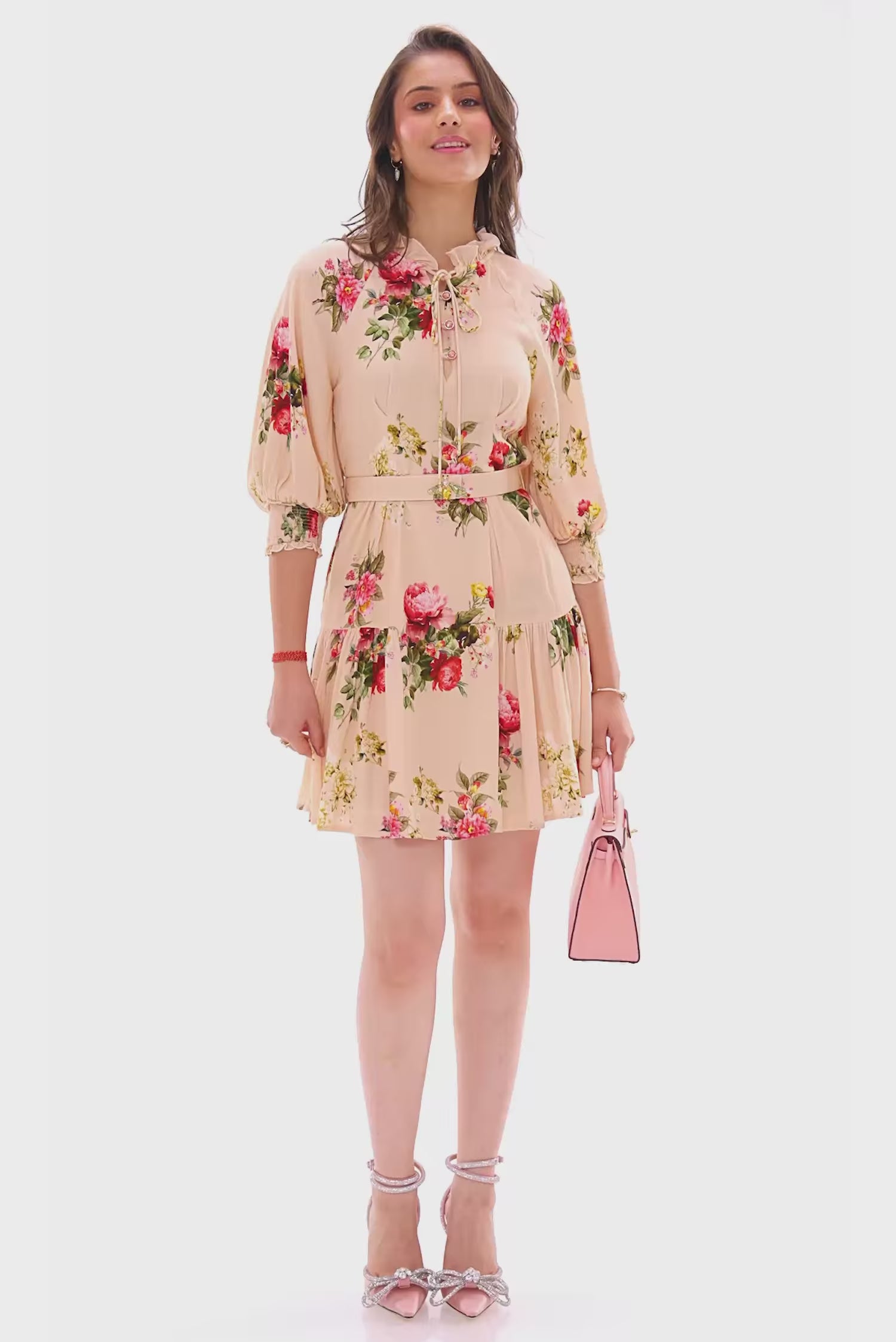 Beige floral puff-sleeve belted mini dress