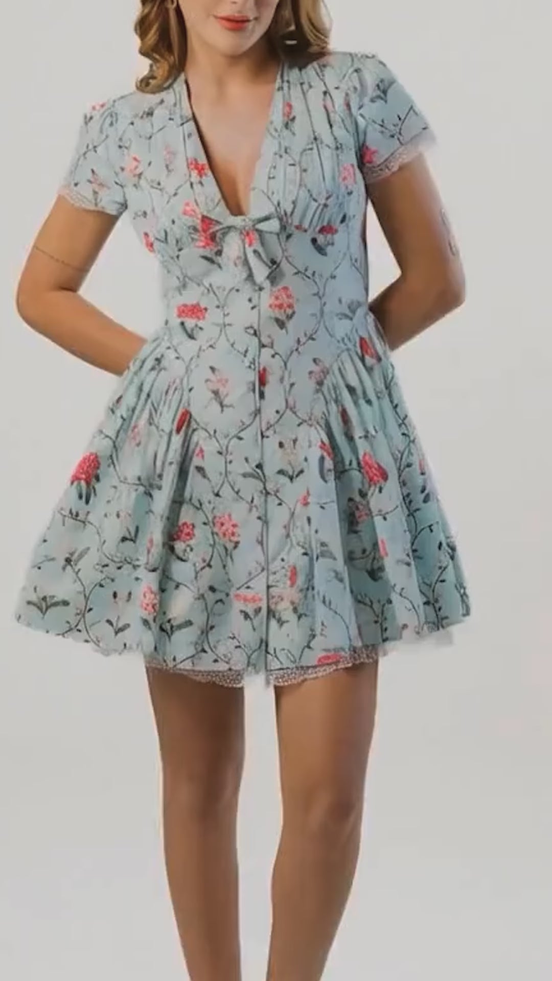 mint floral short-sleeve V-neck mini dress with flared A-line skirt