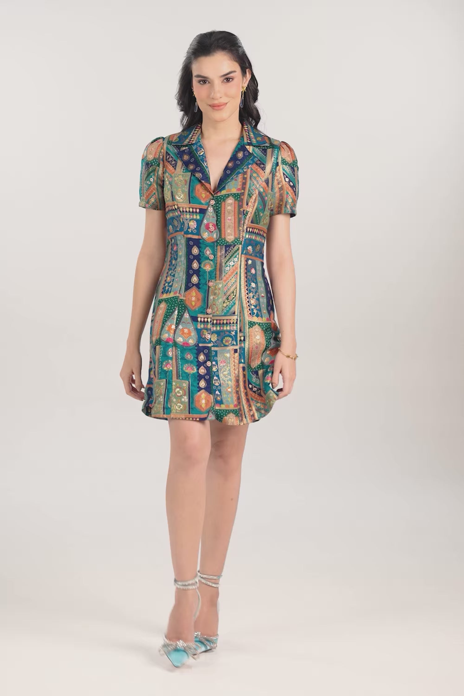 Peacock Jacquard Mini Dress with Collared Neck