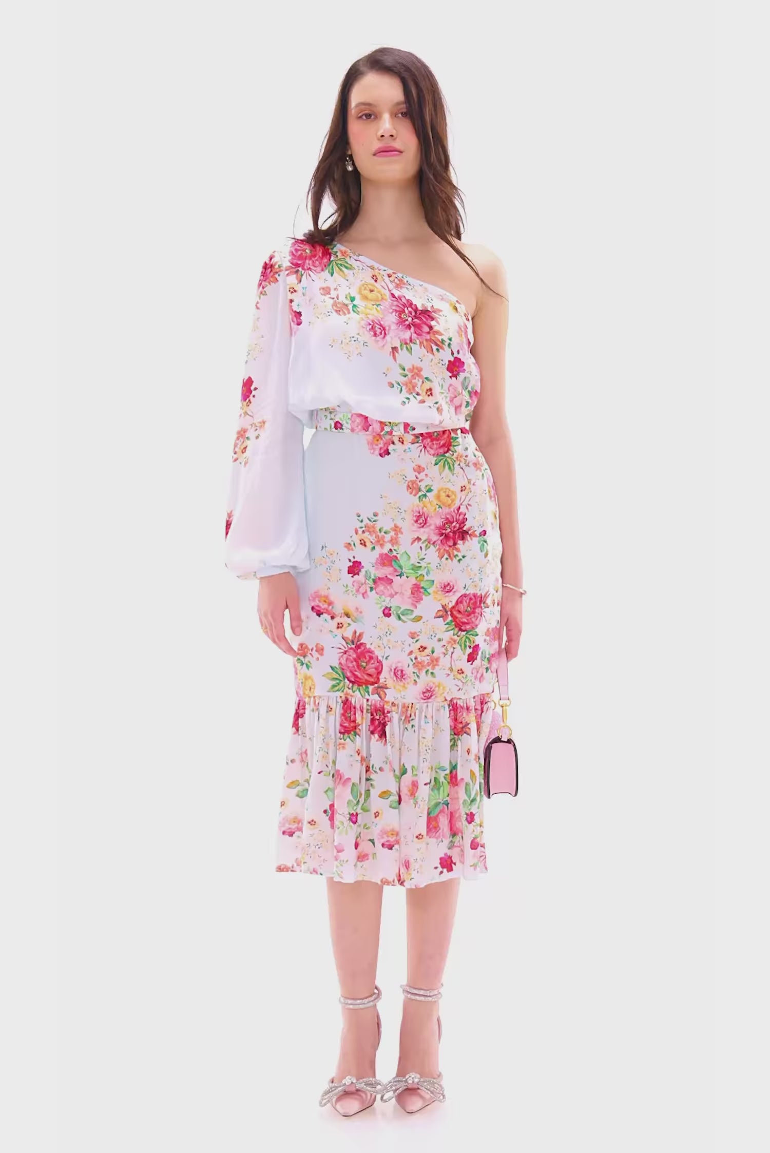 Powder blue floral one-shoulder asymmetric midi dress.