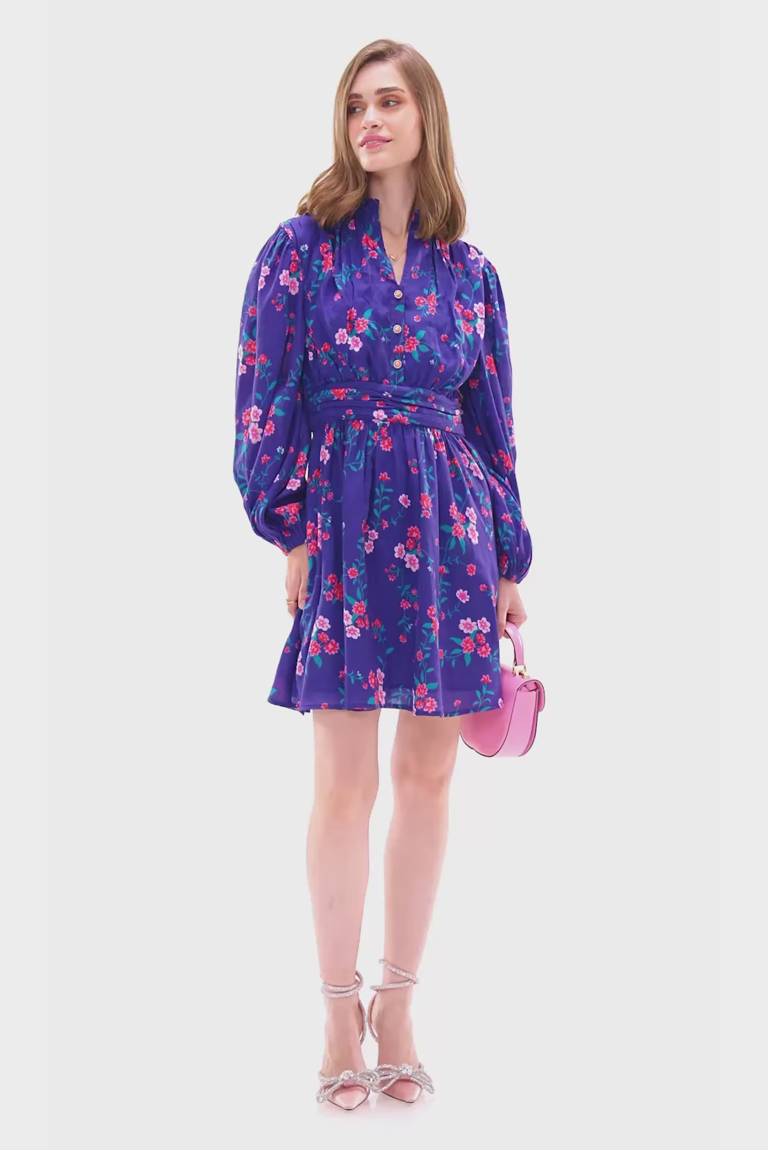 Royal Indigo floral V-neck mini dress with belt, long puff sleeves.