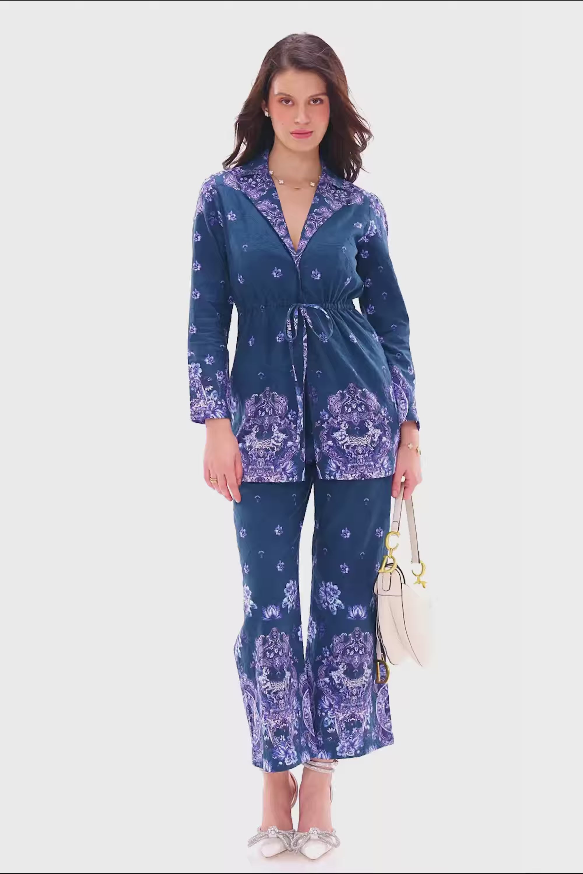 navy blue floral coord set featuring belted long shirt and pants