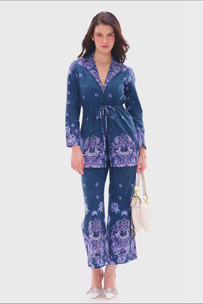 navy blue floral coord set featuring belted long shirt and pants