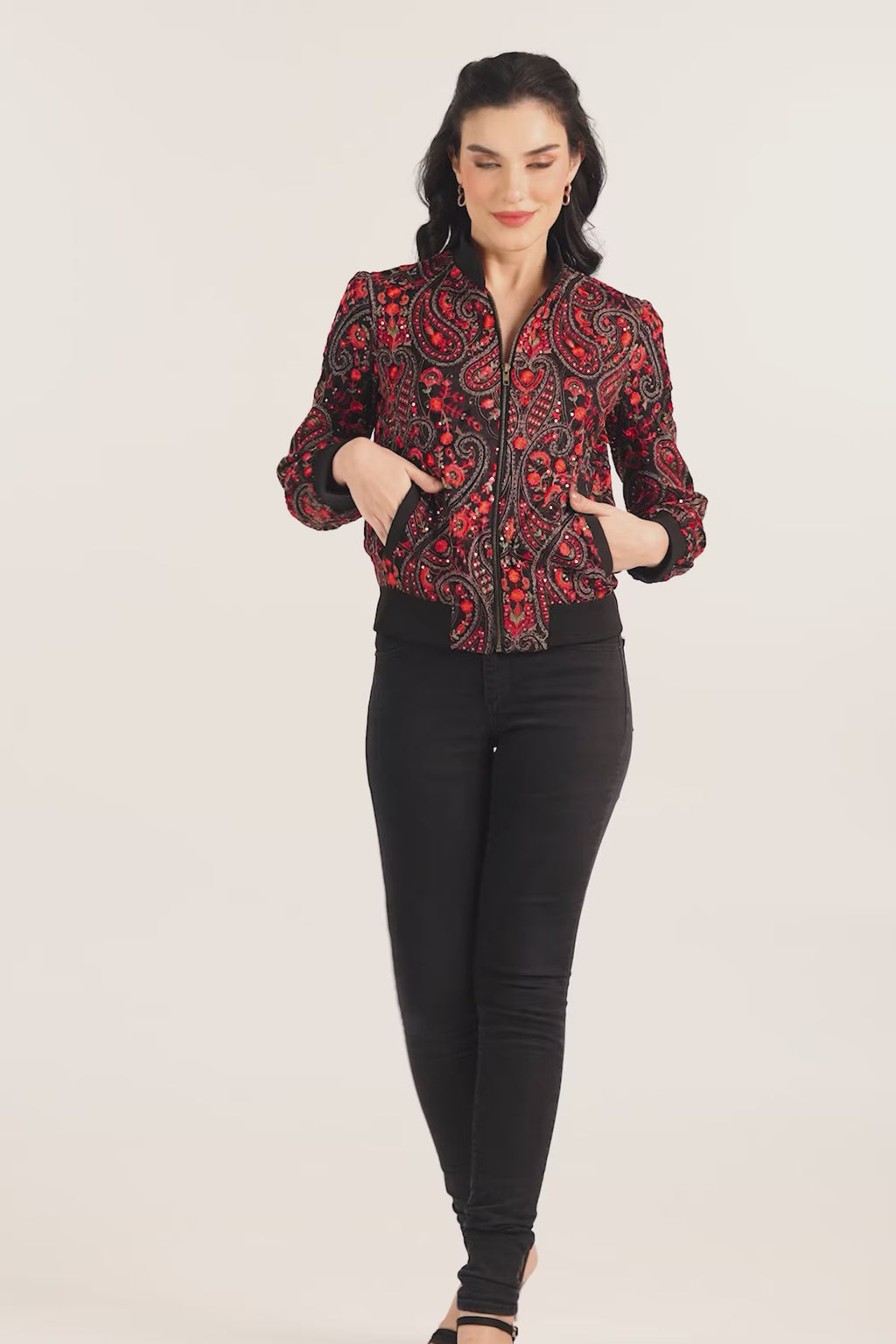 Red paisley embroidery and zipper on black women’s bomber jacket
