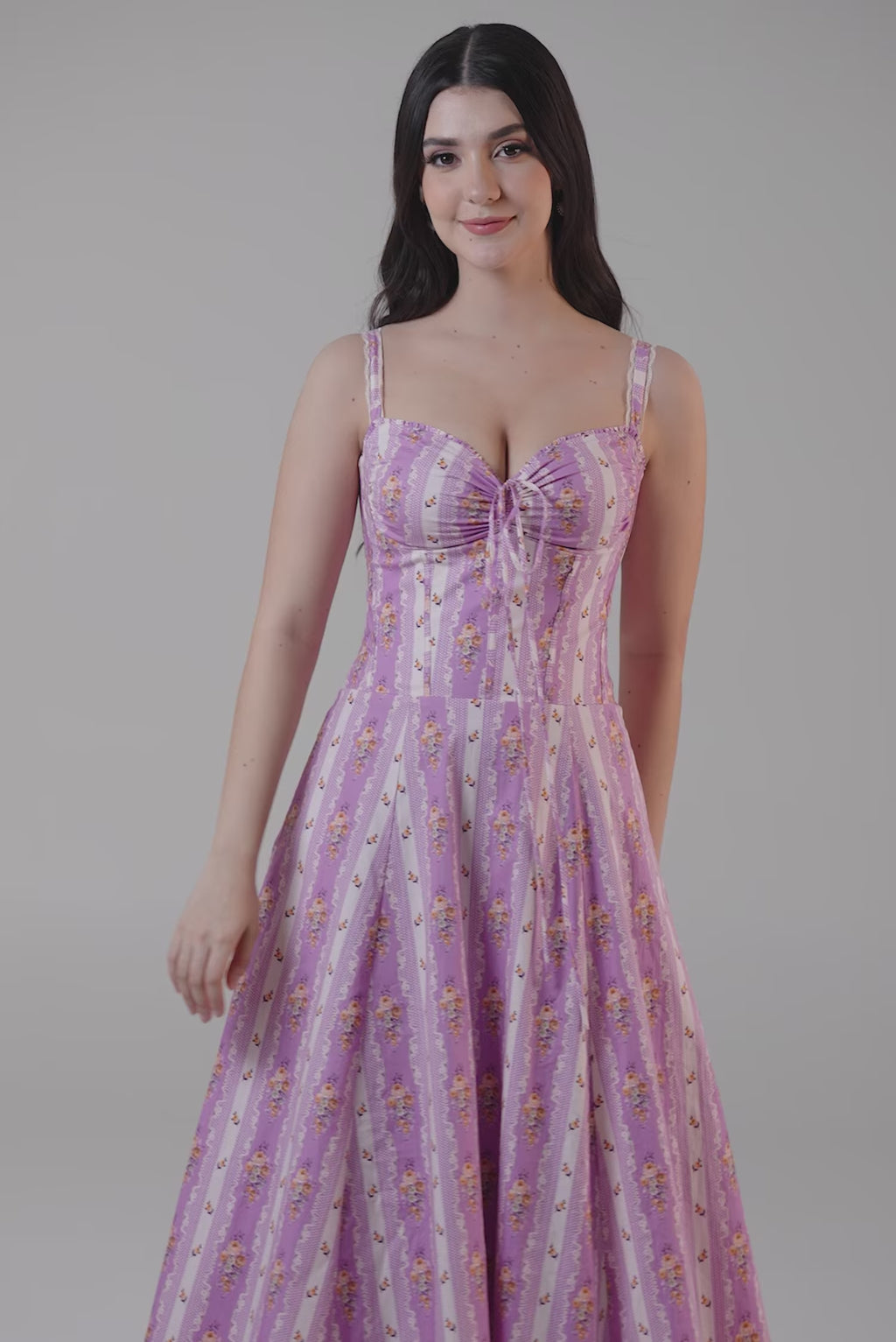 Lilac floral corset midi dress with sweetheart neckline.