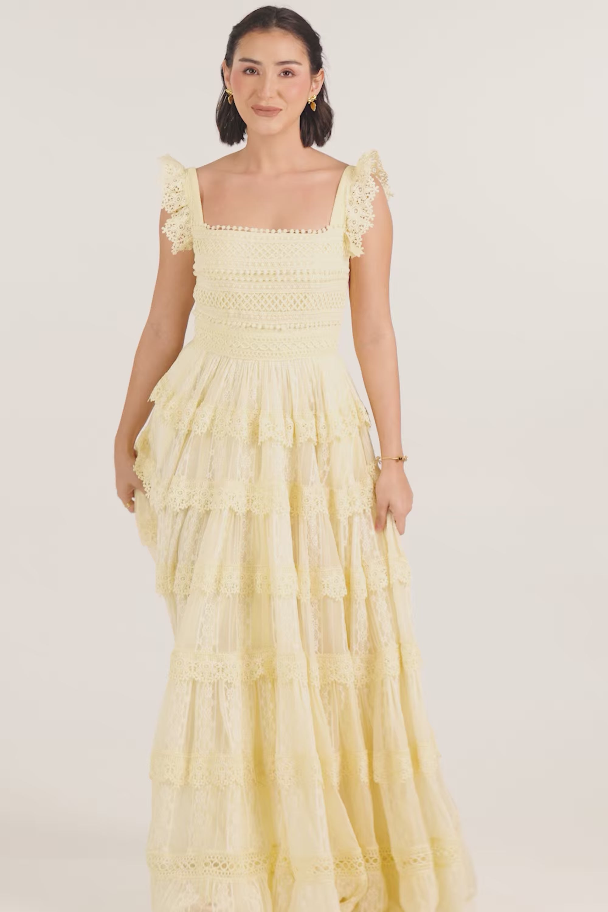 Buttercream Yellow Lace Tiered Maxi Dress