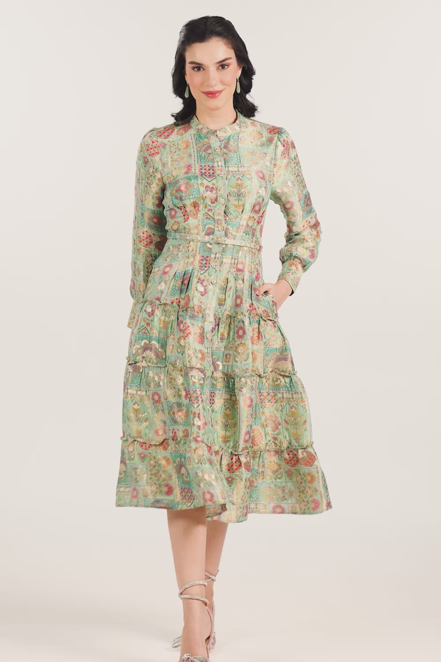Sage Boho Green Jacquard Floral Belted Midi Dress