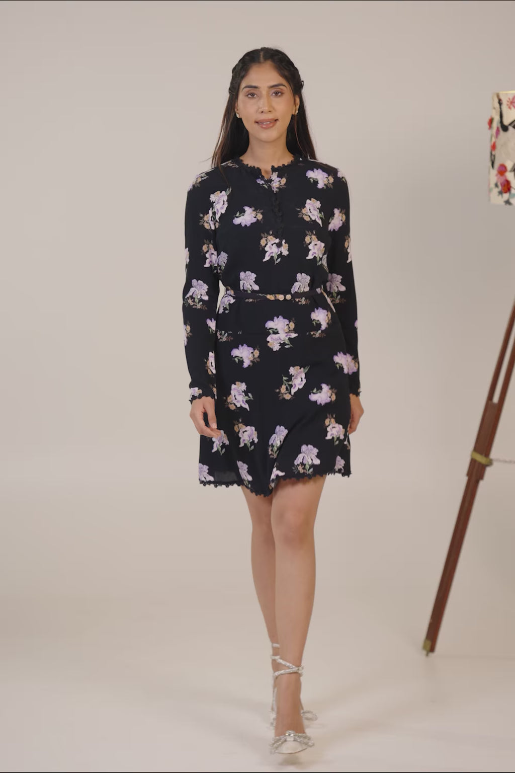 Black floral mini dress with lilac flower print and belted waist