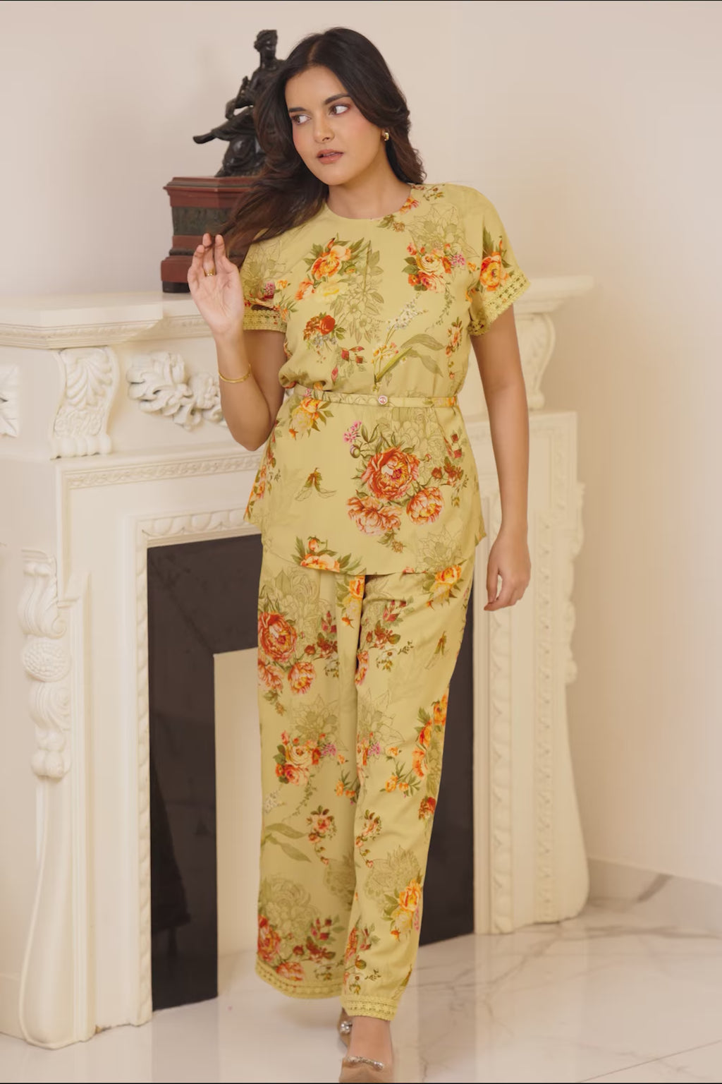 Full-length yellow floral co-ord set with printed flowers and relaxed fit