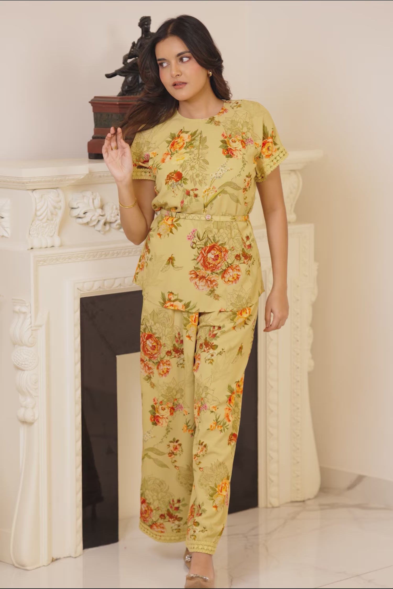 Full-length yellow floral co-ord set with printed flowers and relaxed fit