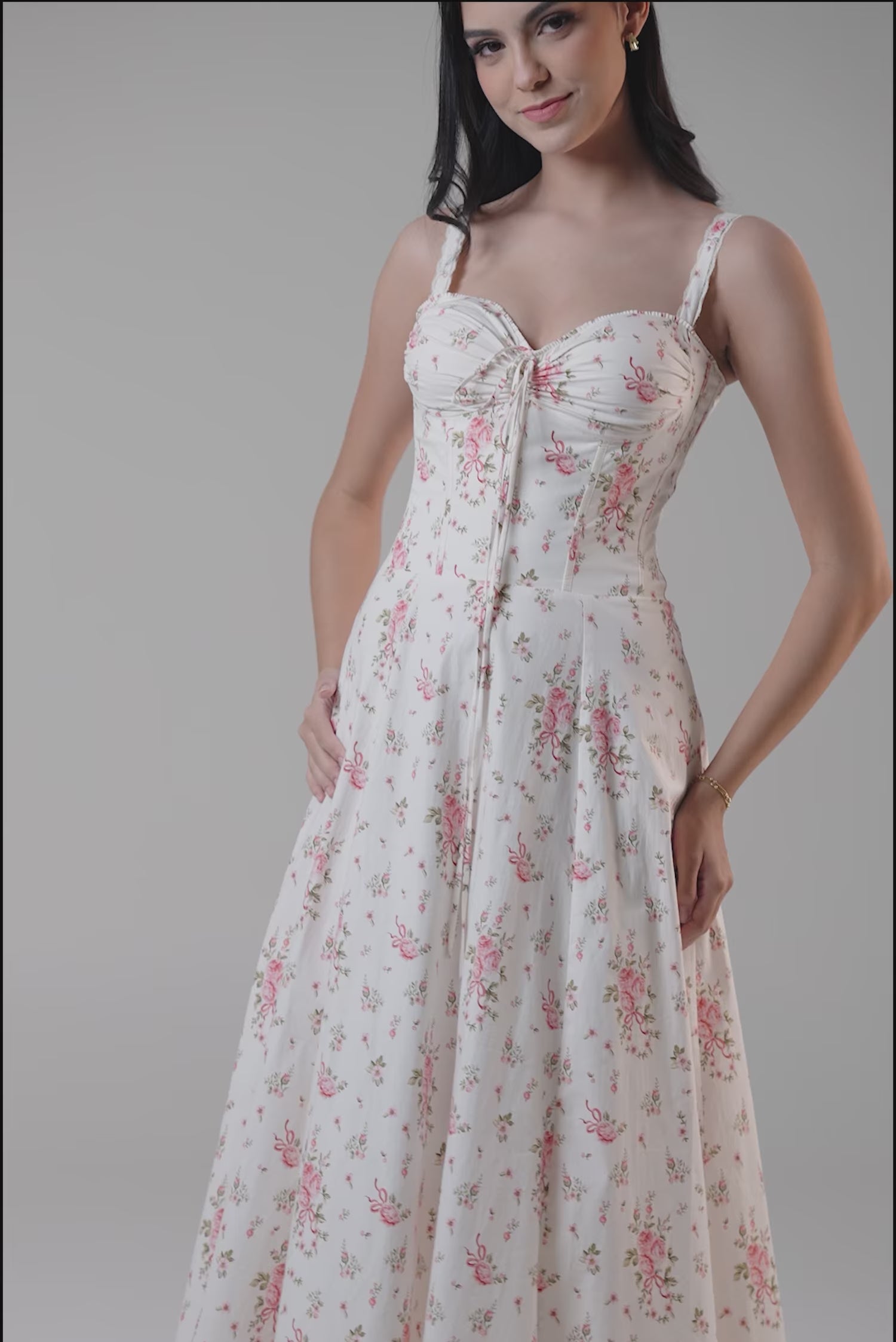 Ivory floral stripe bustier midi dress for women on model – Pretty Pixie.