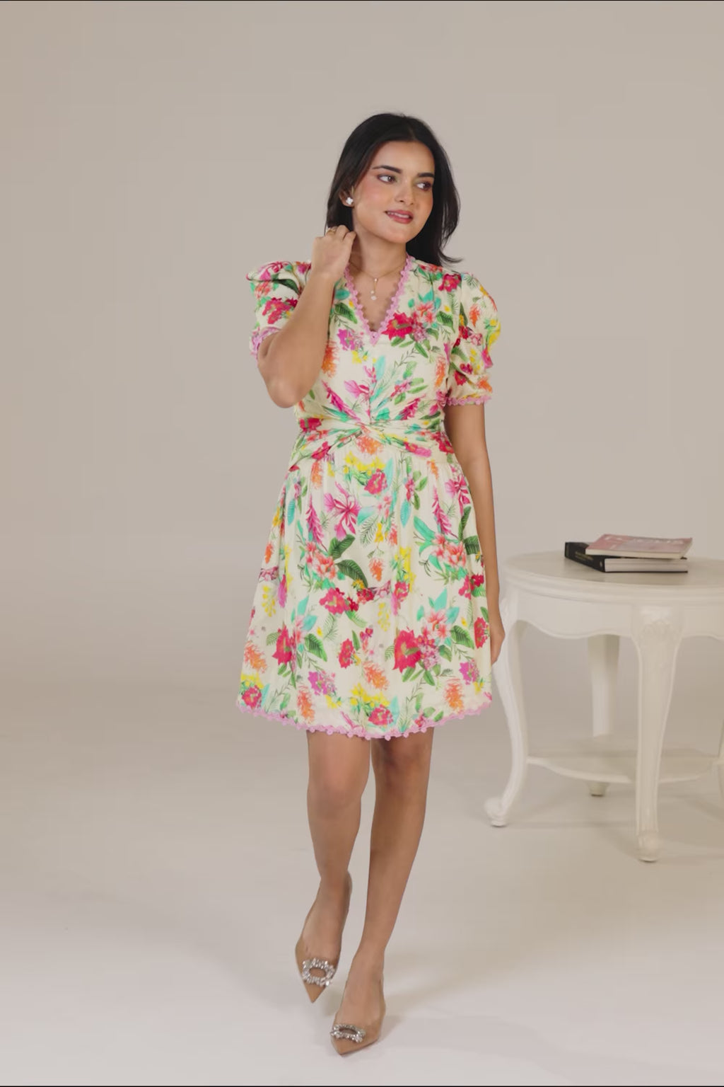 cream puff sleeve floral short dress with colorful design
