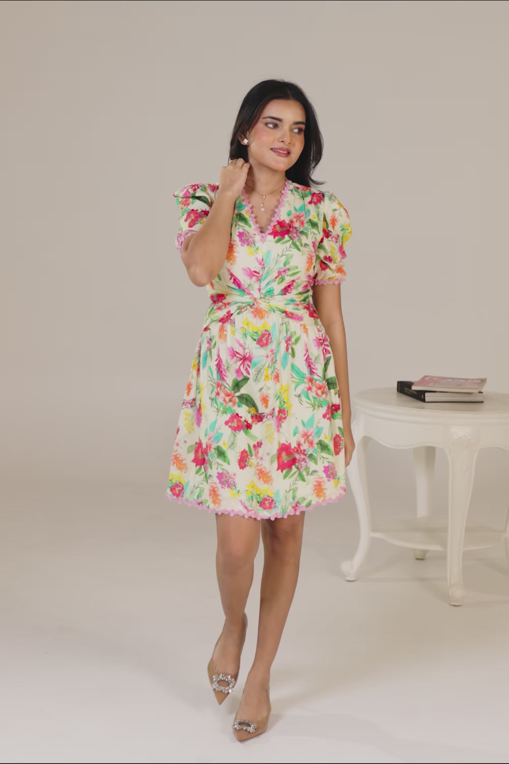 cream puff sleeve floral short dress with colorful design