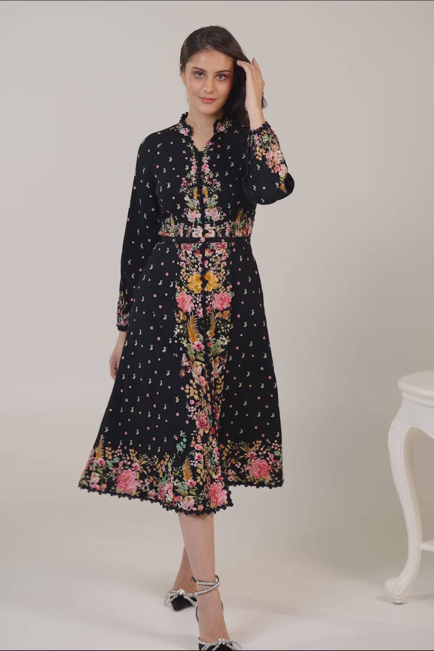 Black floral midi dress full length