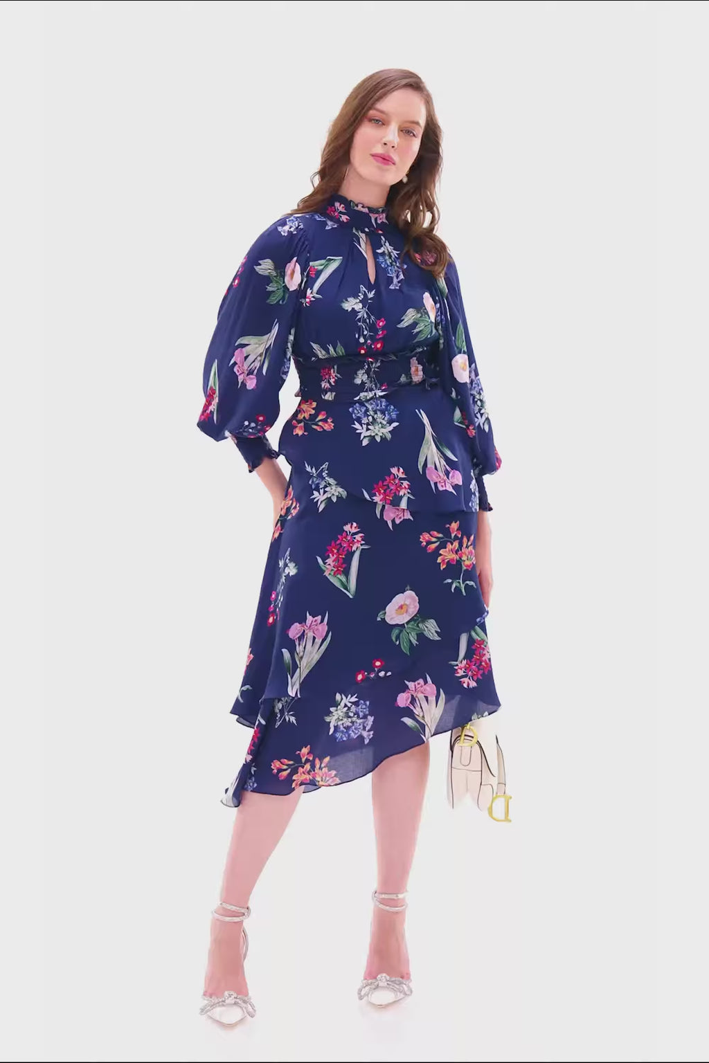 Navy floral high-neck midi dress.