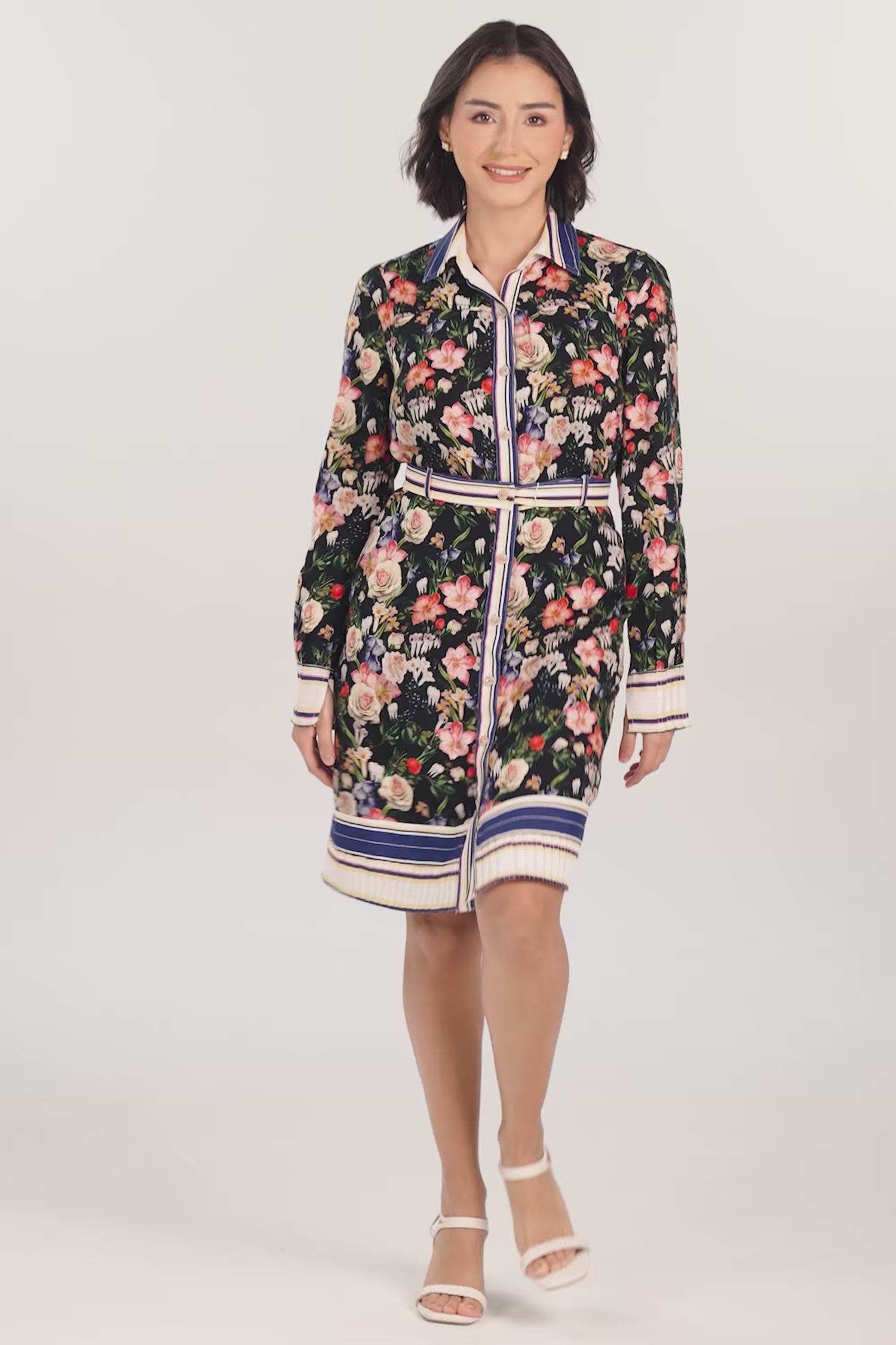 Black Floral Belted Shirt Dress with Long Sleeves