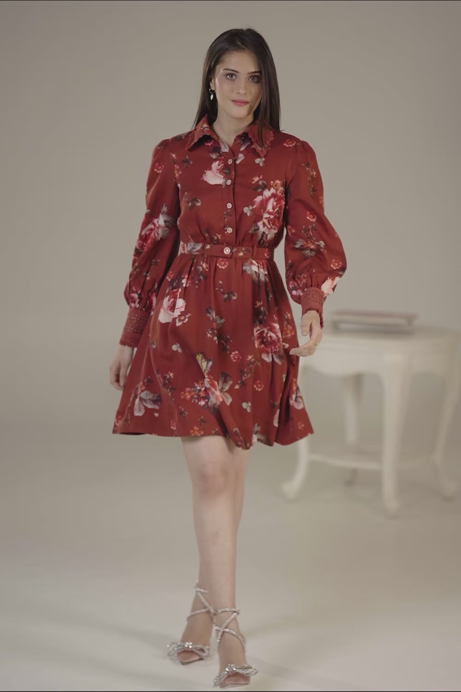 rust red floral shirt dress with belt