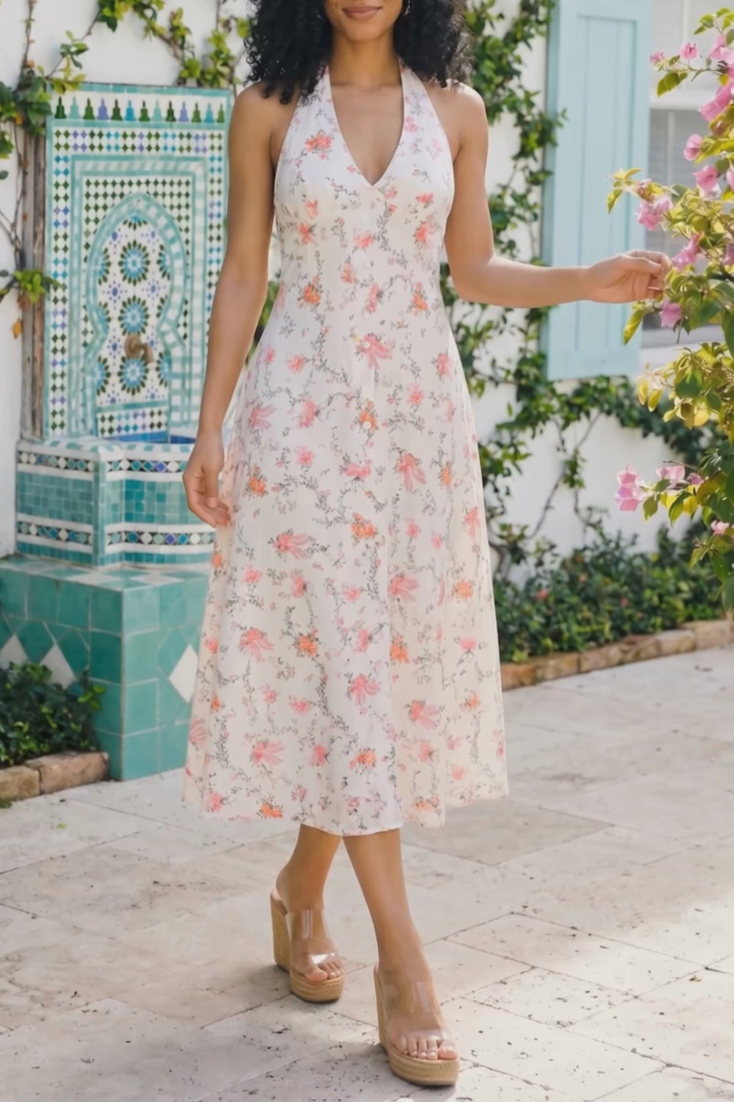 Pretty Pixie white floral bow print halter v-neck midi dress