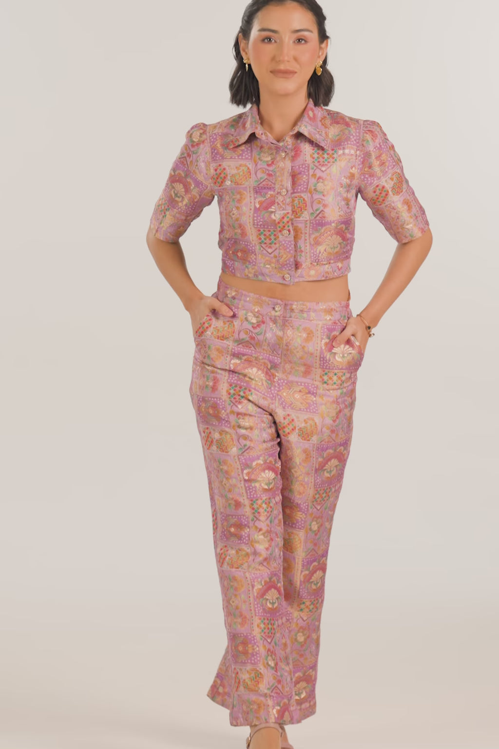 Lilac jacquard floral crop shirt high waist pants co-ord set video, Pretty Pixie Indian womenswear