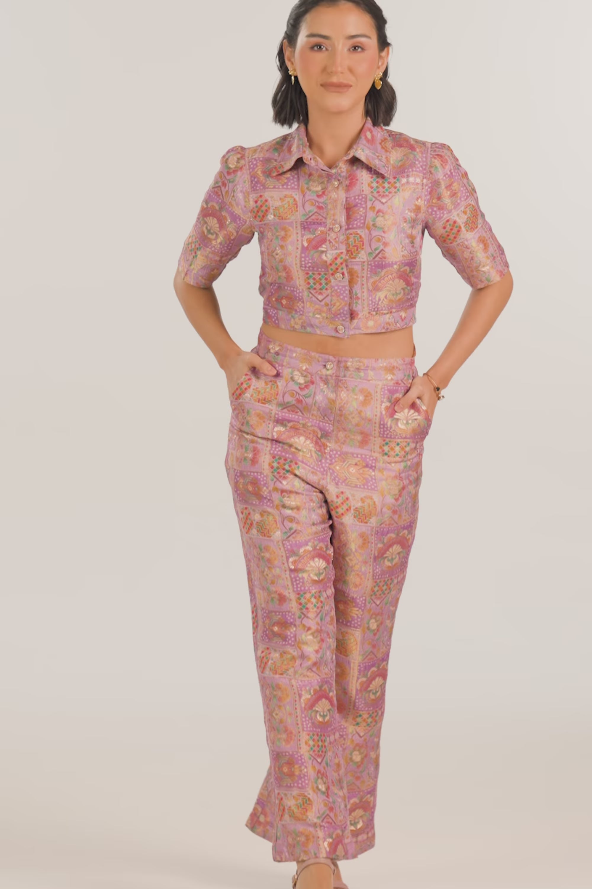 Lilac jacquard floral crop shirt high waist pants co-ord set video, Pretty Pixie Indian womenswear
