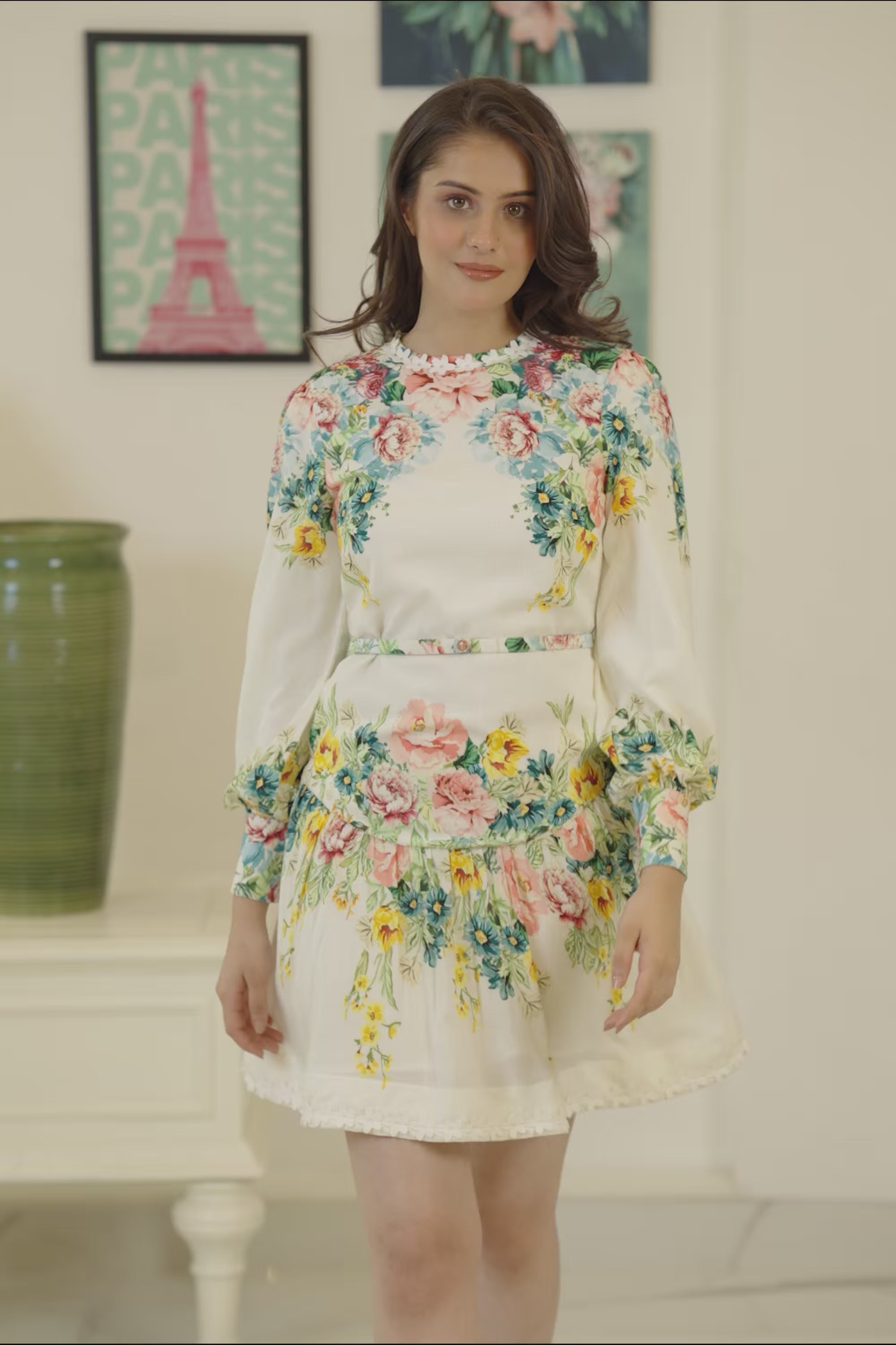 Ivory floral printed mini dress with round neckline