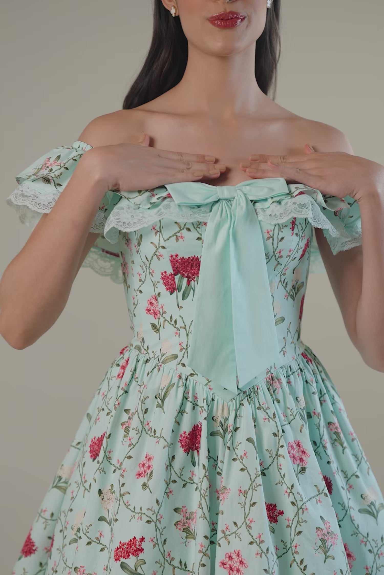 mint floral off-shoulder mini dress with big bow and flared skirt