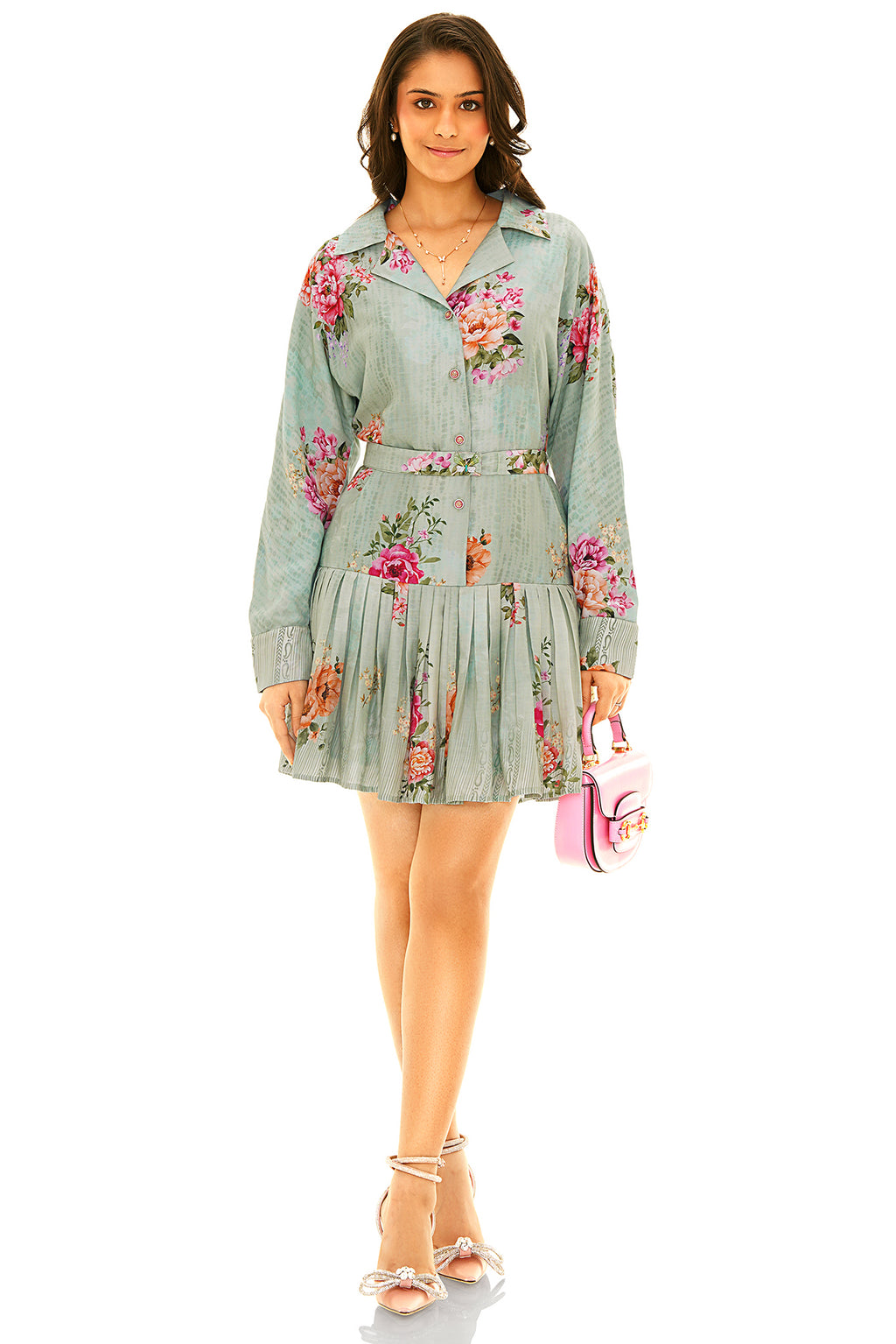Mint floral collared belted mini dress