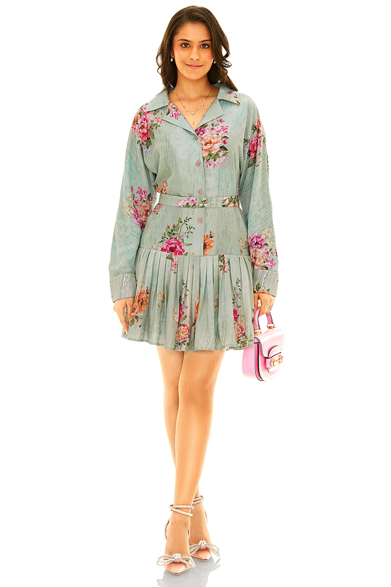Mint floral collared belted mini dress