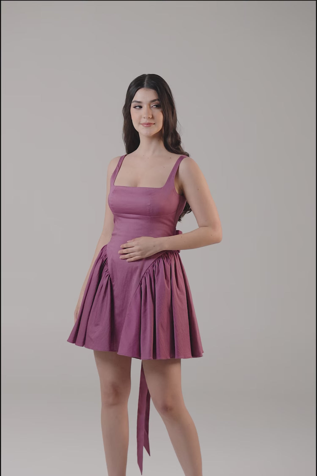 mauve square-neck fit-and-flare mini dress