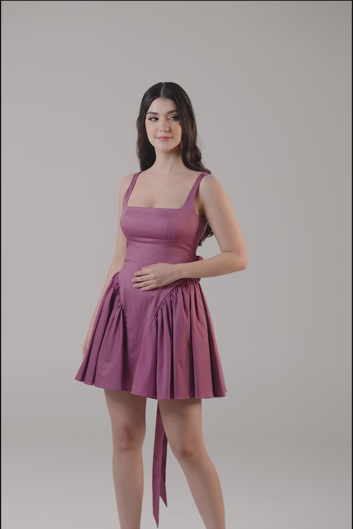 mauve square-neck fit-and-flare mini dress