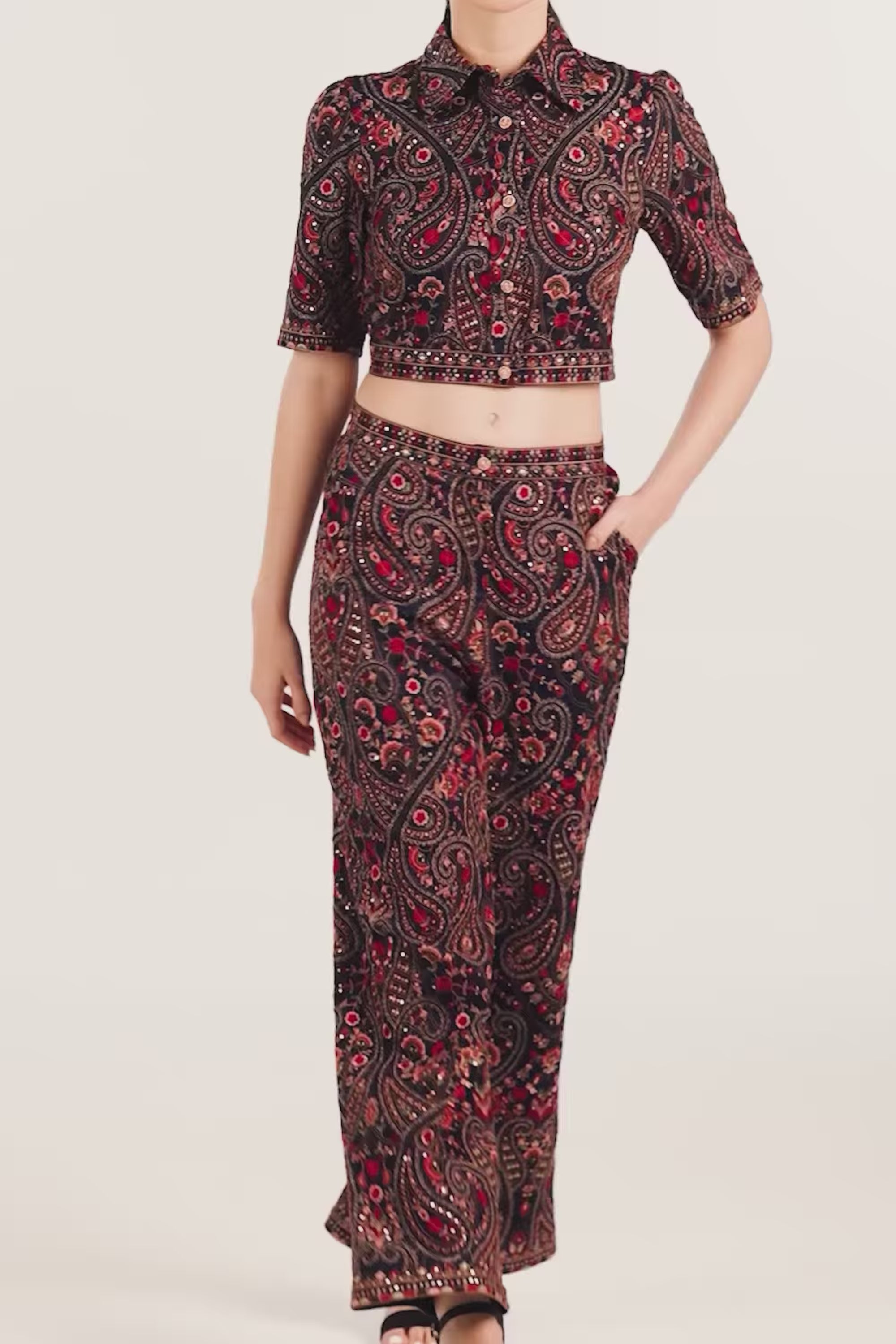 Women's paisley floral print palazzo pants, ethnic Indian fashion, wide leg style