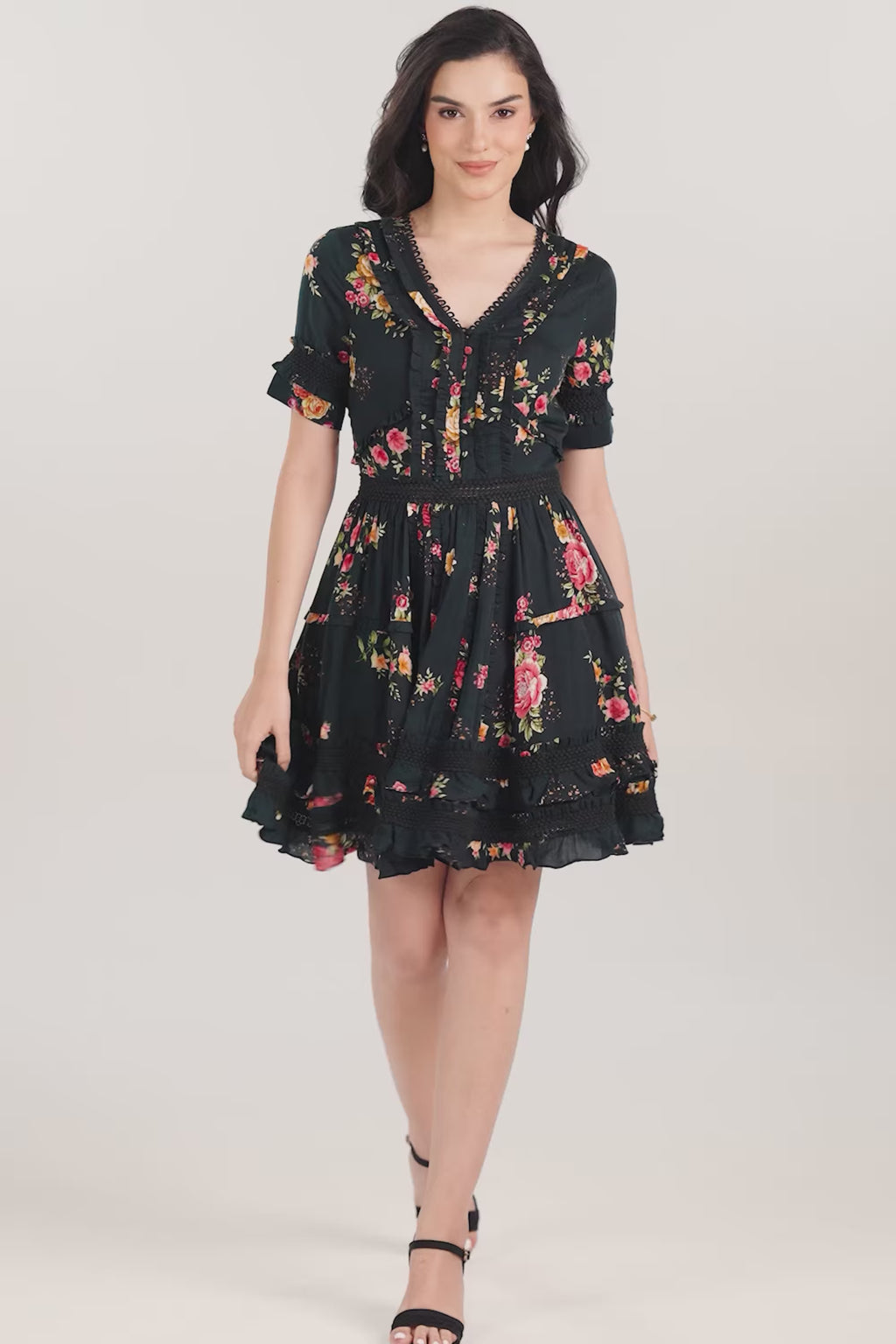 Black Floral Ruffle Tiered Mini Dress