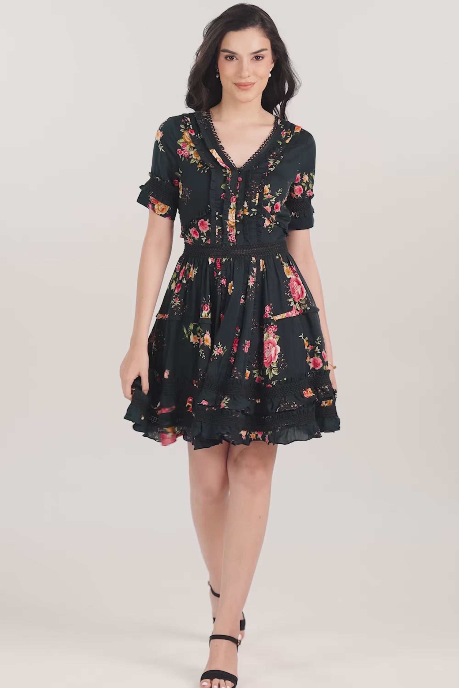 Black Floral Ruffle Tiered Mini Dress