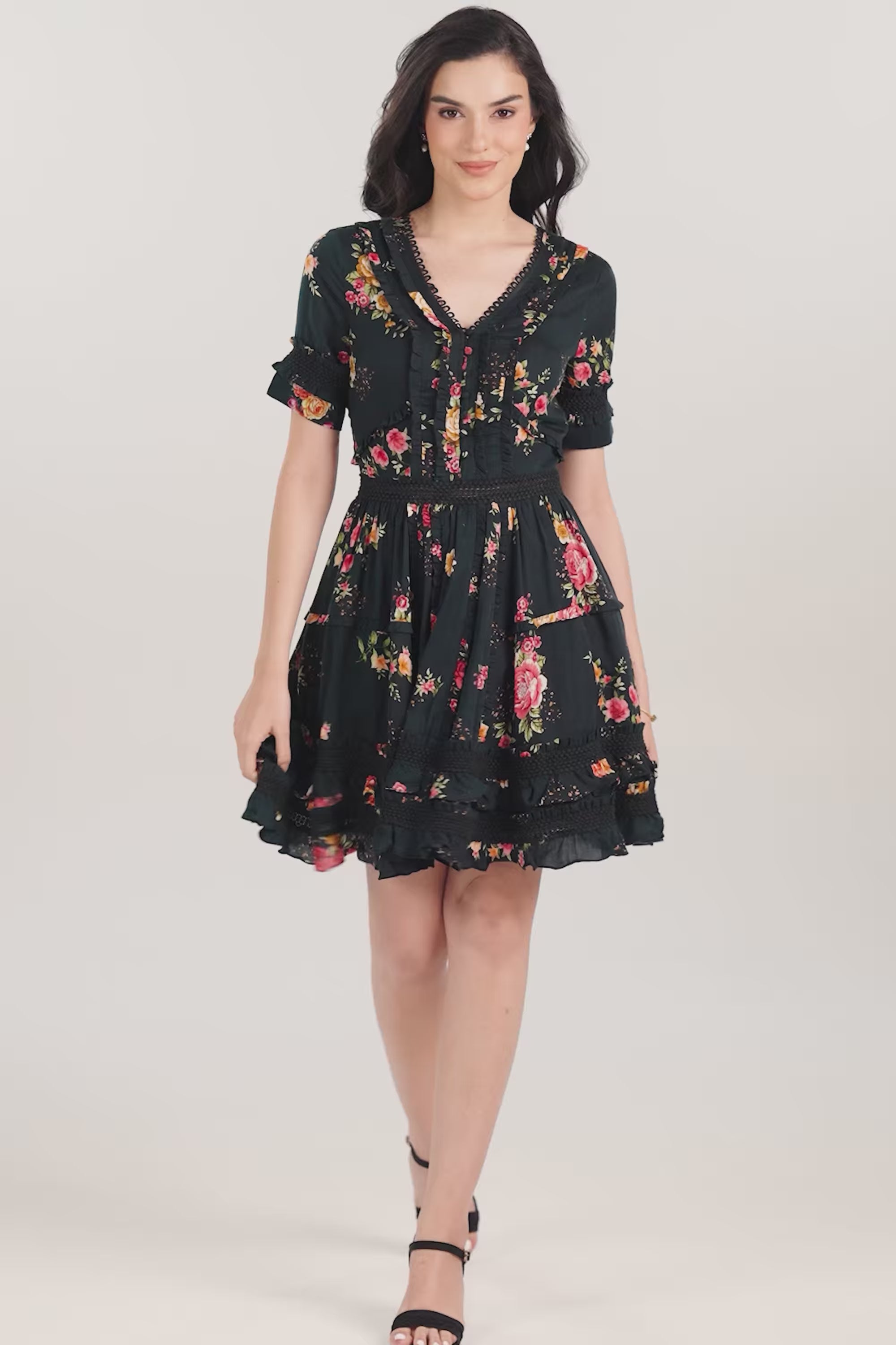 Black Floral Ruffle Tiered Mini Dress