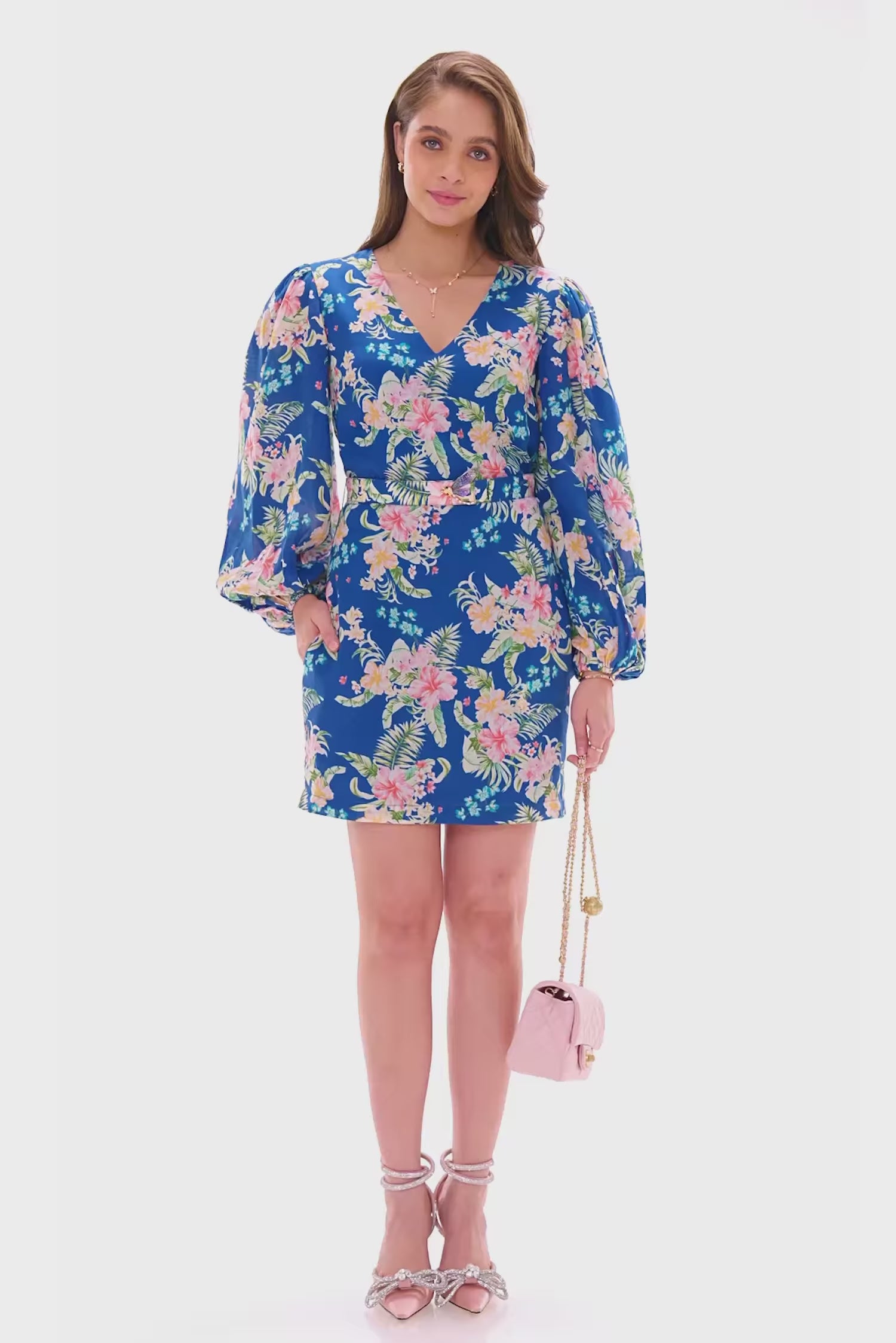 Royal blue floral V-neck long-sleeve mini dress with belted waist