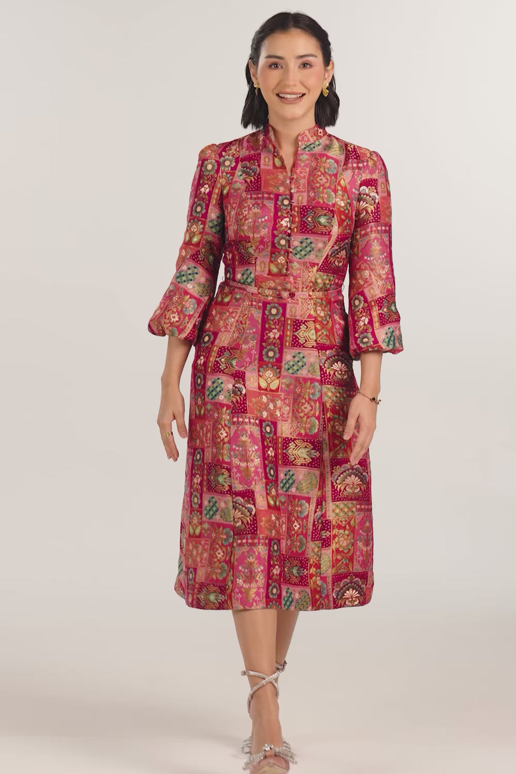 Rose Red Jacquard Belted Midi Dress