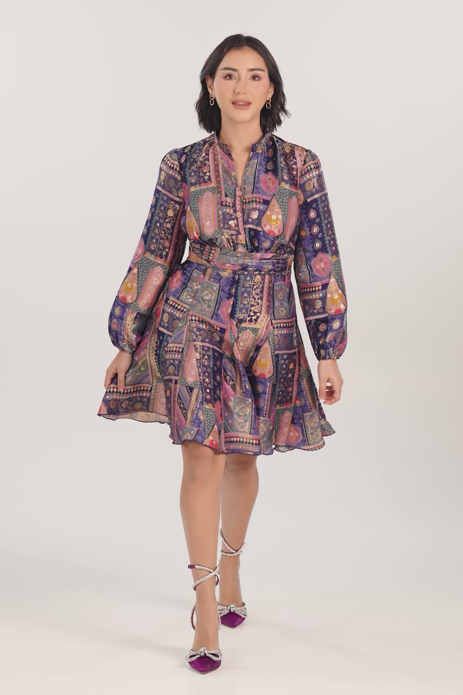 Purple Jacquard Ruching Flared Mini Dress