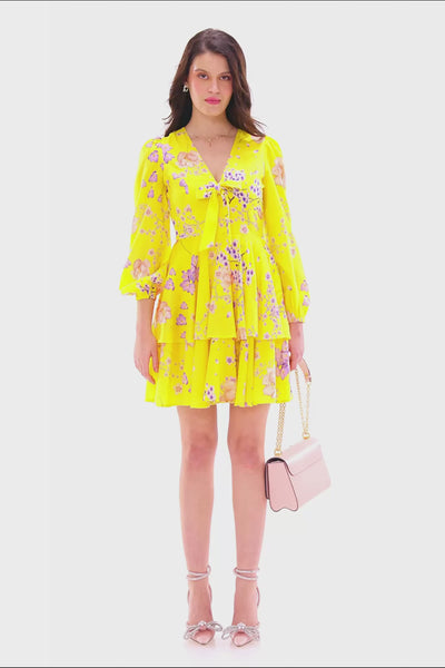 Yellow floral mini dress with bow detail