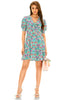Aqua floral V-neck short-sleeve mini dress with flared hem.