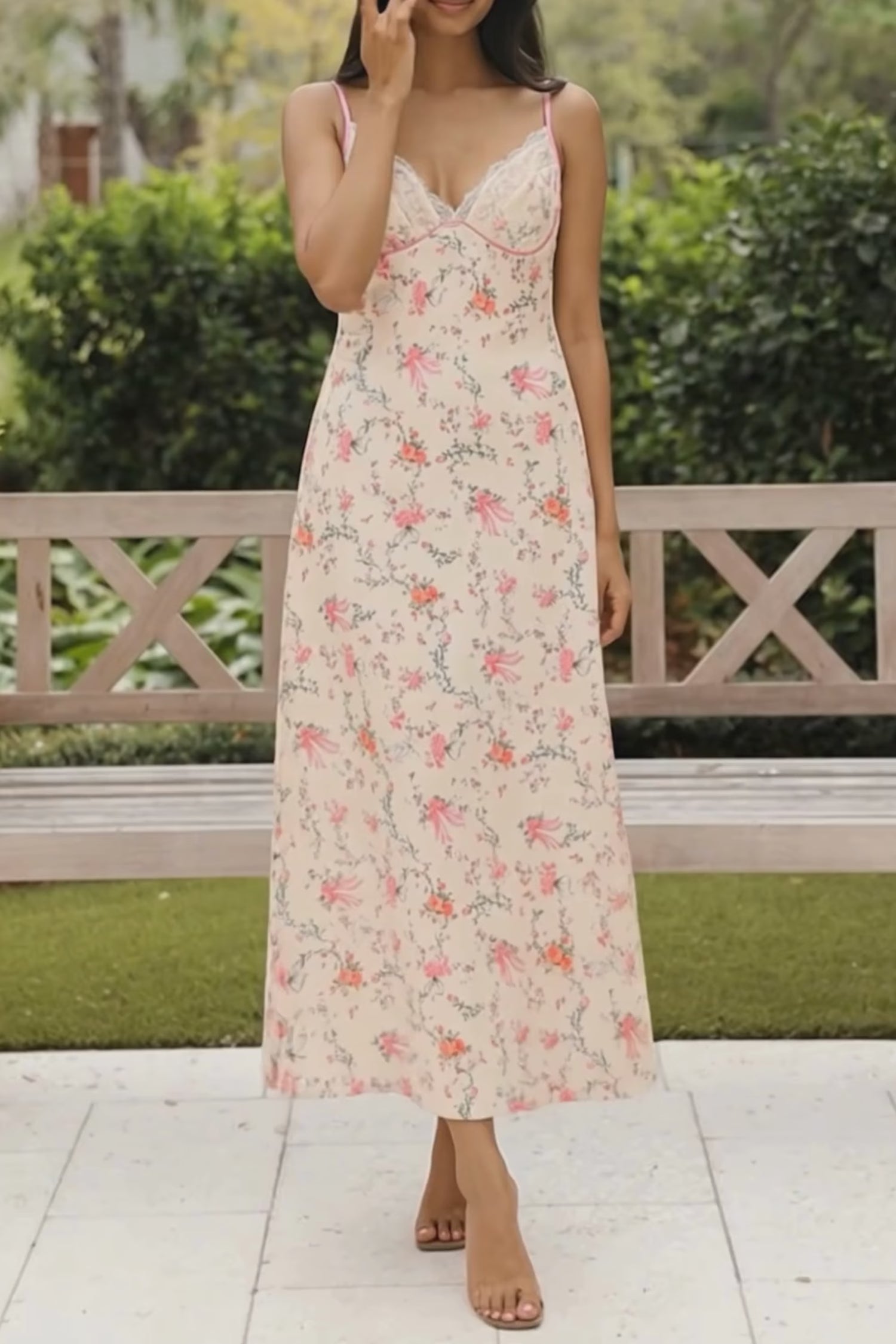 Pretty Pixie cream floral bow print lace bustier slip maxi dress