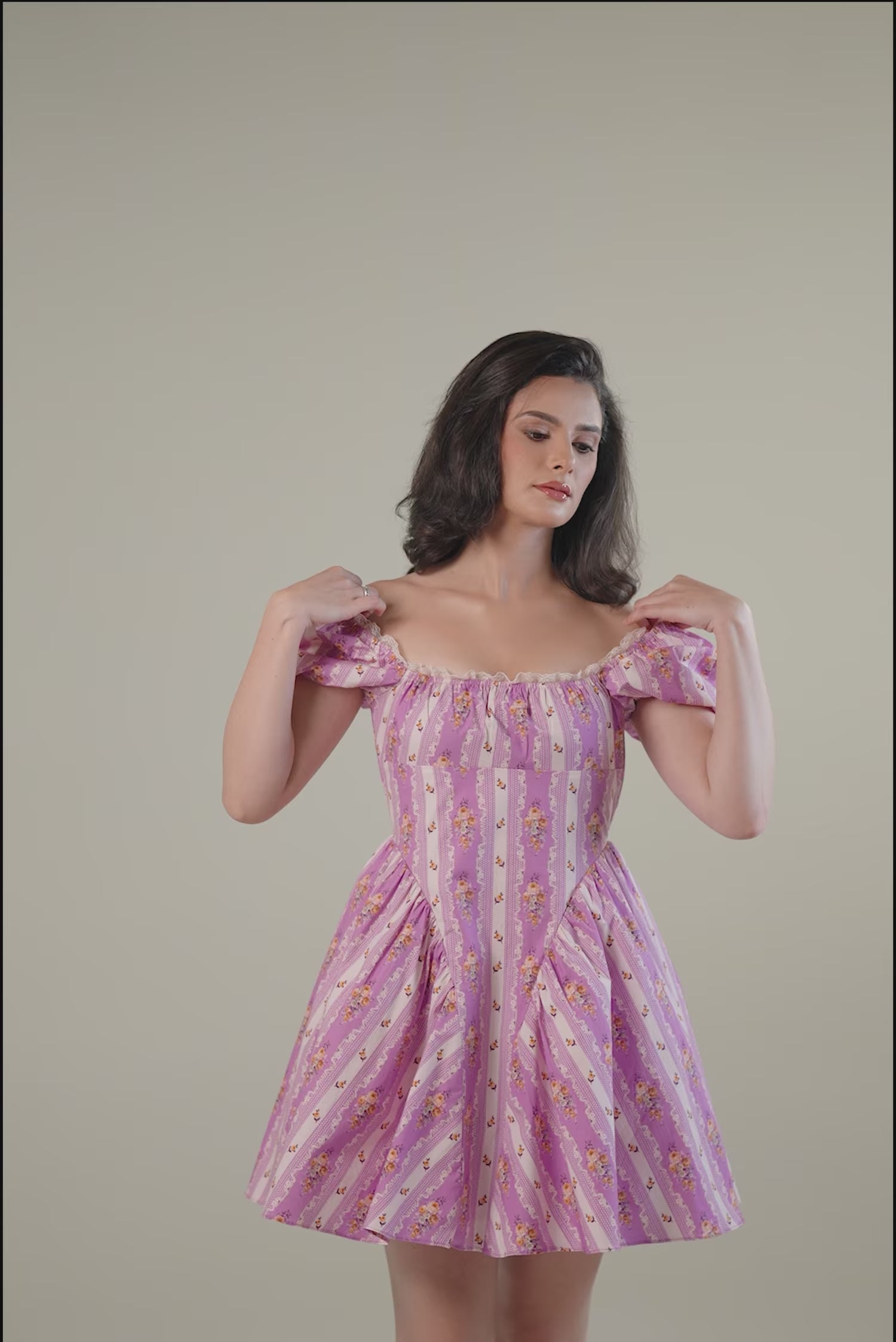 Lavender floral puff sleeve off-shoulder mini dress with flared skirt