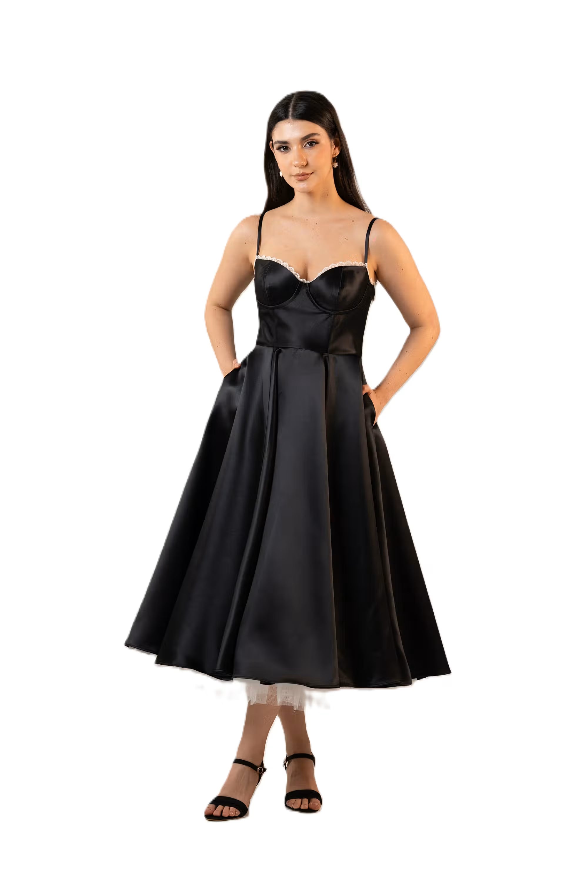 black satin midi dress with fitted bustier bodice and flared skirt.