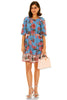 Blue floral mini one piece dress front view with belt