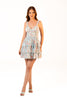 Women wearing blue floral tiered mini dress with lace straps and fitted bodice